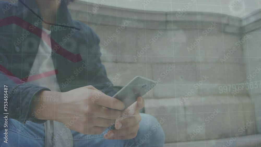 Poster animation of data processing and diagrams over biracial casual businessman using smartphone