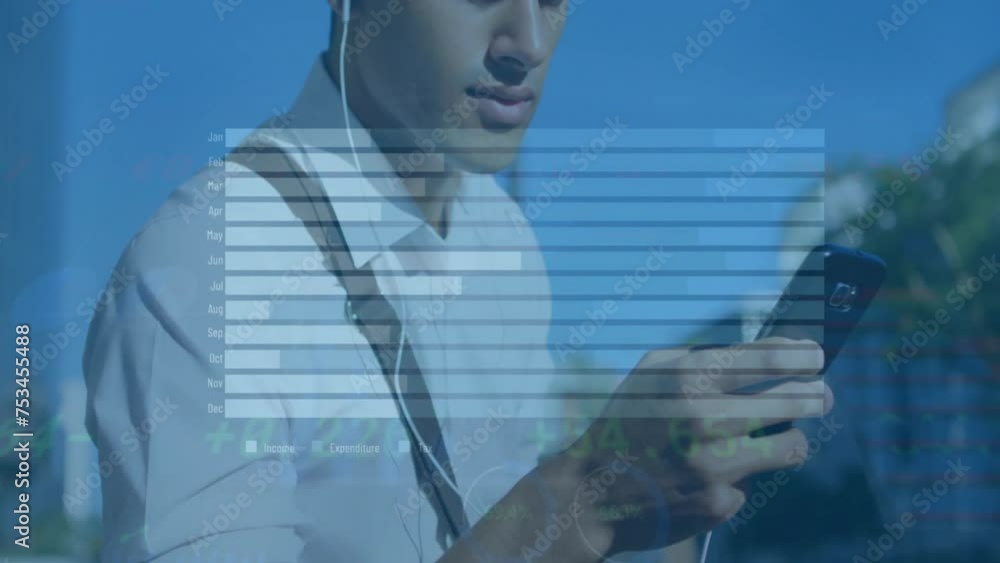 Poster animation of data processing and diagrams over biracial casual businessman using smartphone