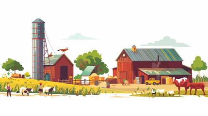 Farm rural landscape scene. Farmyard with buildings