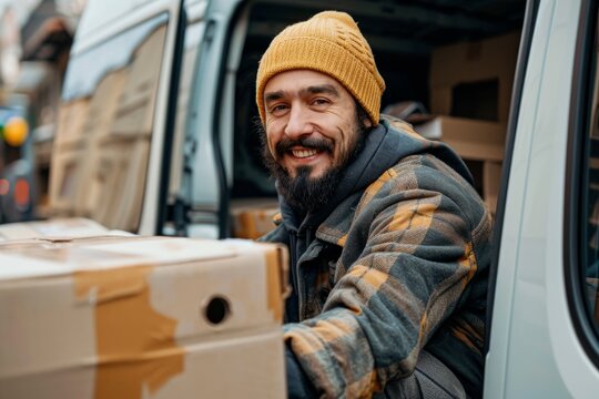 Delivery worker stacking cardboard boxes in a van during a busy workday