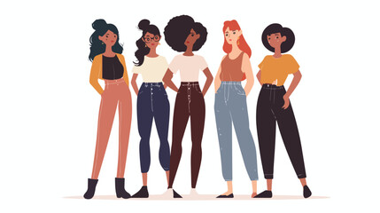 Five young strong confident women standing together.