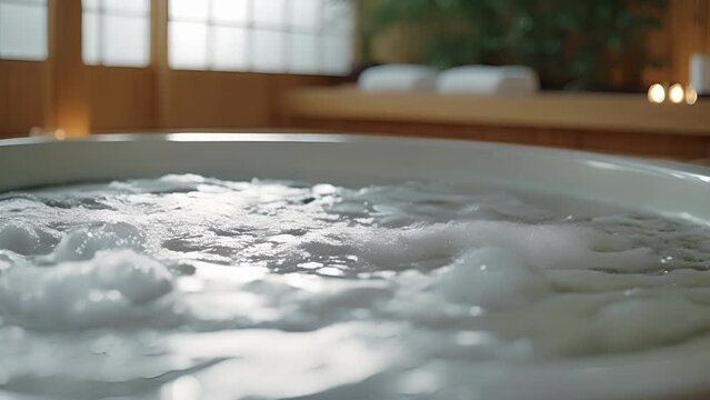 The closeup shot of a Japanese soaking tub showcases its smooth and curved design perfect for a deep and rejuvenating soak.