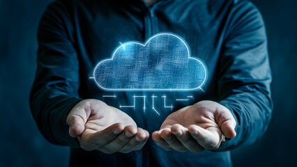 A man holding a holographic cloud imagery symbolizing cloud computing and data network