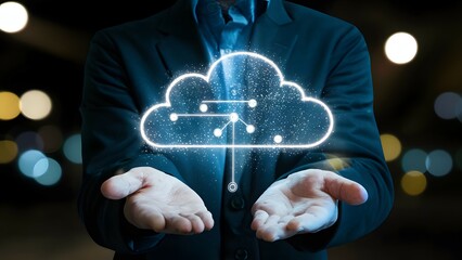 A man holding a holographic cloud imagery symbolizing cloud computing and data network