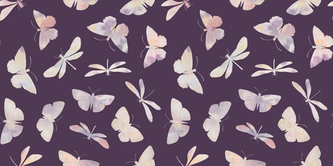 Seamless pattern of butterflies and dragonflies, endless watercolor pattern, hand drawn. Fabric design, kitchen textiles, packaging, wrapping paper.