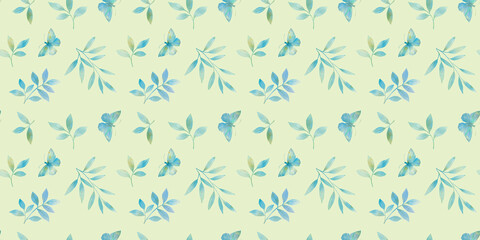 Seamless pattern with watercolor butterflies, branches and leaves