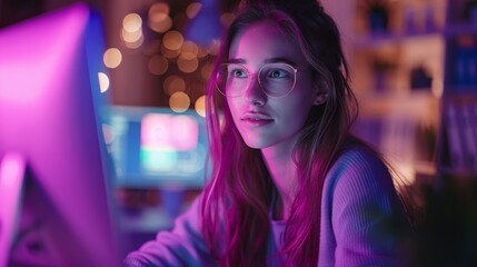 Focused content expert analyzing financial data on computer in a cozy office at night