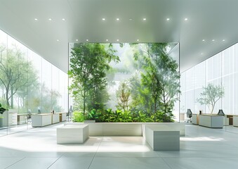very modern bright office with green plants wall