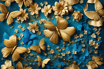 Abstarct Flowers, herbarium, luxury color combination, cyanotype of stone surrounded by fantasy butterfly flowers, torn paper golden glow, abstract pattern, foliage background, crumpled paper.