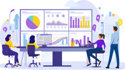 Illustrate a team strategizing for success with an engaging shot of professionals utilizing a performance indicator dashboard.