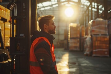 Fototapeta na wymiar Forklift operator working in a sunlit warehouse with pallets