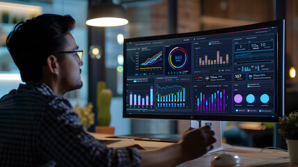 Capture the essence of real-time business performance with a visually stunning shot of a professional performance indicator dashboard in action. - obrazy, fototapety, plakaty