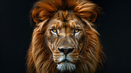The face of an Asian lion isolated on a black background,  generative Ai