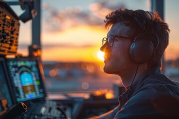 Air traffic controller in tower overseeing airport operations at sunset