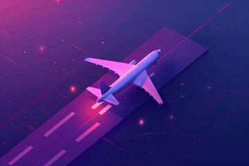 purple airplane ascending from a runway, illuminated by radiant lights against a starry night sky