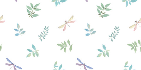 botanical seamless background of dragonflies and leaves, watercolor pattern of hand drawn leaves on branches, abstract illustration for wallpaper and packaging design