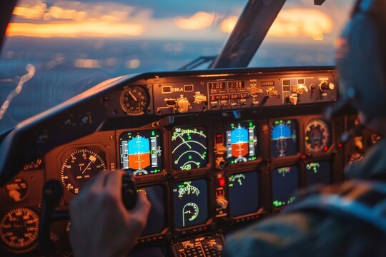 Commercial pilot navigating aircraft with bright, illuminated cockpit instruments