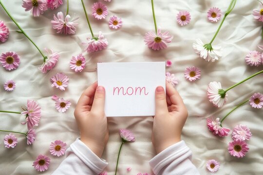 Happy Mother's Day or International Day of Families. Top view of children's hands holding card with text Mom on background of pink flowers