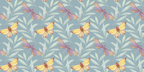 abstract background for design of wallpaper, print and packaging, endless ornament of butterflies and dragonflies and leaves, seamless botanical pattern drawn in watercolors by hand.