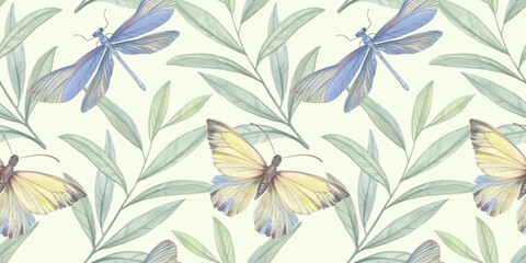 abstract background for design of wallpaper, print and packaging, endless ornament of butterflies and dragonflies and leaves, seamless botanical pattern drawn in watercolors by hand.