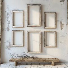 a group of 4 empty wooden frames laid out neatly on a blank wall in a farmhouse setting