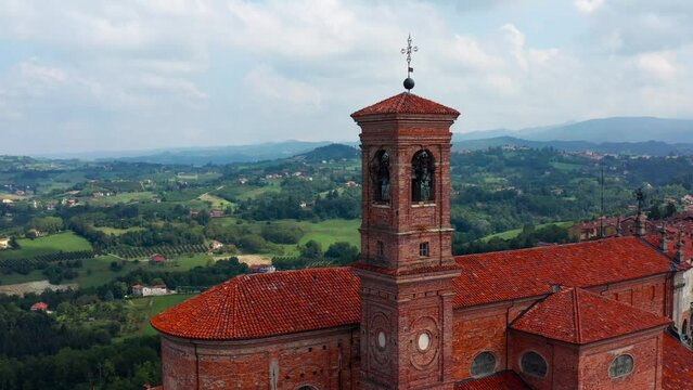 Bell tower of Vicoforte comune in Province of Cuneo in Italy. Aerial drone view