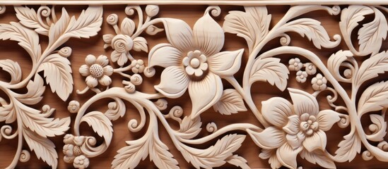 Wood carving with floral design for background purpose - obrazy, fototapety, plakaty