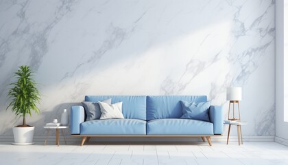 Modern living room with blue white marble wall and floor
