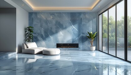 Living room with blue white marble wall and floor with fireplace