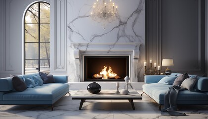 Living room with blue white marble wall and floor with fireplace