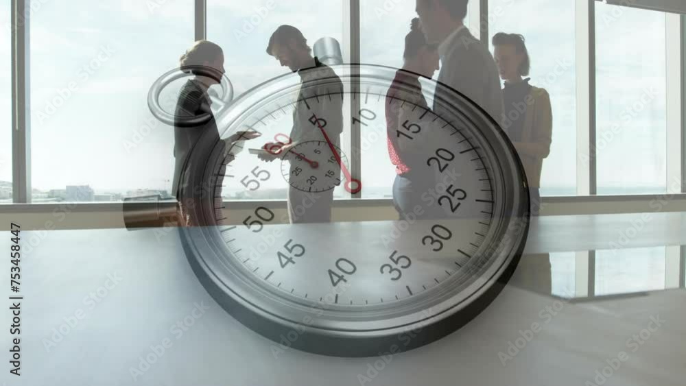 Poster animation of timer moving over diverse colleagues discussing work