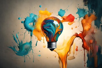 Creativity cocnept, with lightbulb made from oil paint mix, Ai generative illustration