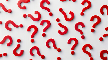 red question mark background, questions in red on white background - obrazy, fototapety, plakaty