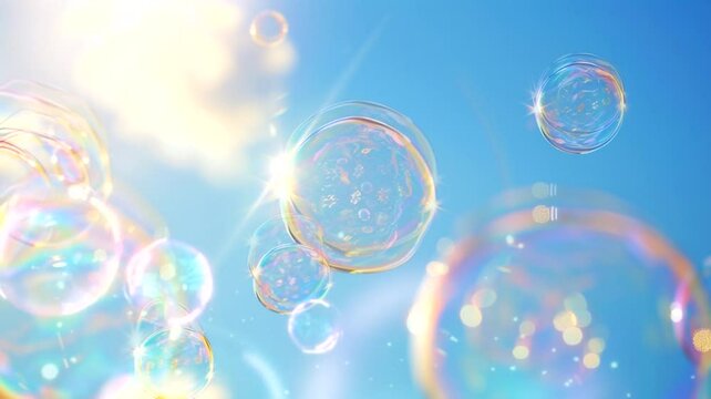 Flying soap bubbles scene, animated virtual repeating seamless 4k	