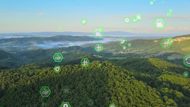 Sustainability Icons Ascending Above Lush Green Hills. Environmental Protection Concept. aerial, after-effects