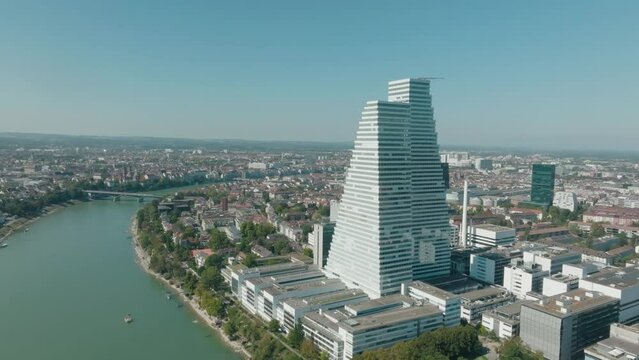 Aerial flying towards kleinbasel towards the Roche towers