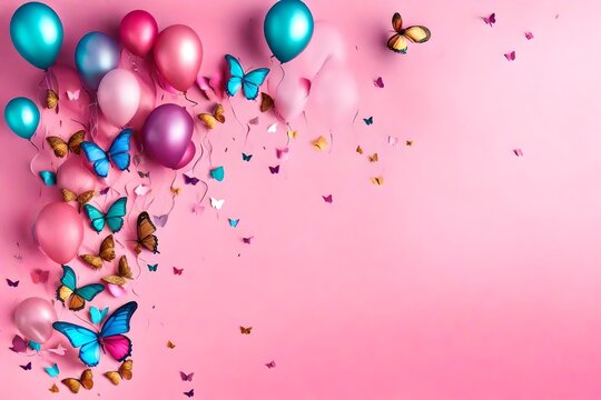 happy birthday banner background with butterflies and colored matalic balloons on a pink background. For a girl's birthday. The image is on the right with space for text on the left