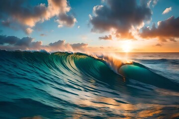 Colorful Ocean Wave. Sea water in crest shape. Sunset light and beautiful clouds on background