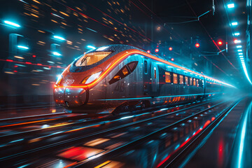 Fototapeta premium Illuminated High-Speed Train in a Futuristic Tunnel