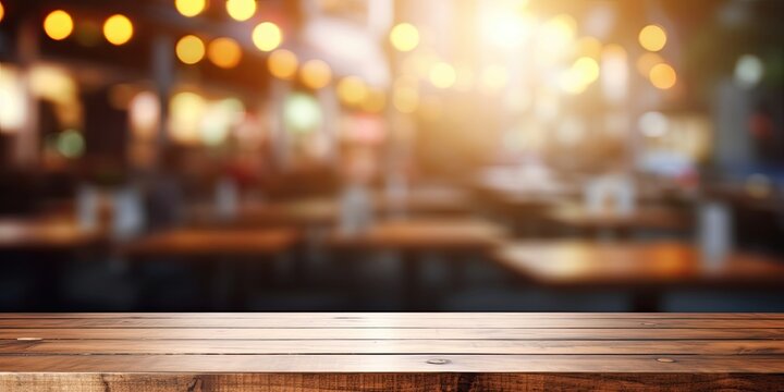 Wooden table with blurred restaurant background for product display or design layout. Copy space visible.