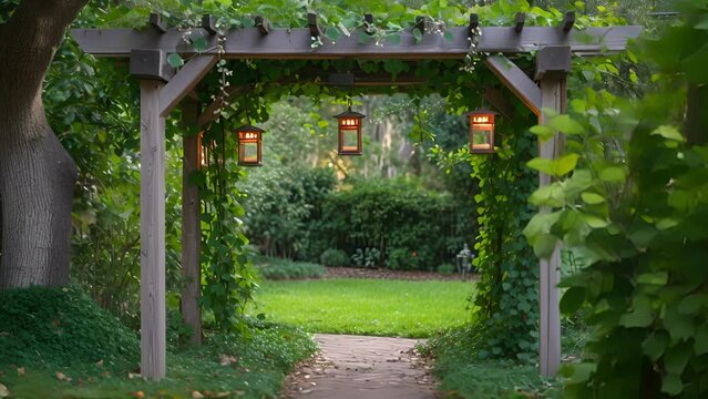 A charming wooden arbor covered in climbing vines and hanging lanterns creating a whimsical entryway to the backyard.