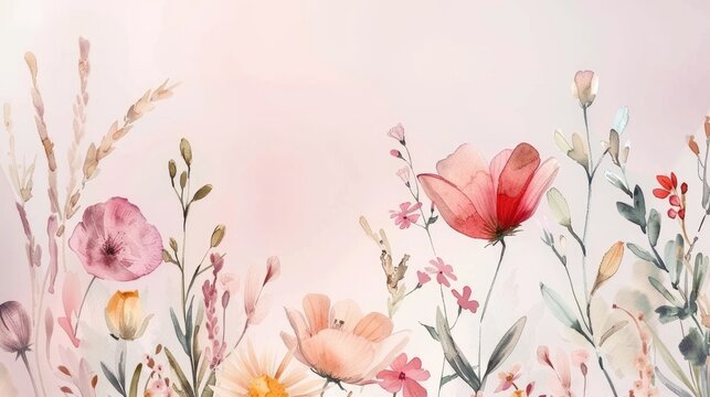 Watercolor Spring meadow Flowers poppy cute background copy space for wedding, birthday card. Watercolour elegant banner with empty place for text. Happy Women or Mother Day