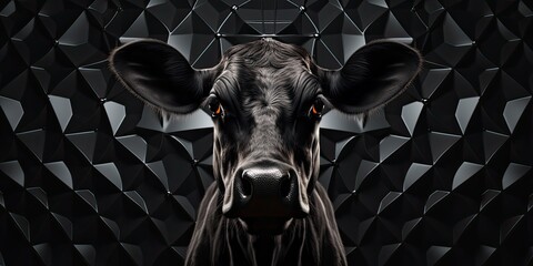 A striking portrait captures the essence of a black bull against a deep black backdrop, offering ample copy space for creative expression