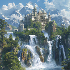 Fototapeta na wymiar A fairytale palace in the mountains with a waterfall, trees, and clouds, AI generated