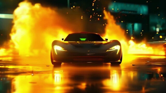 A slowmotion shot captures the moment the nitrous oxide is released igniting the engine with a burst of flames and producing a deafening roar that echoes through the streets.