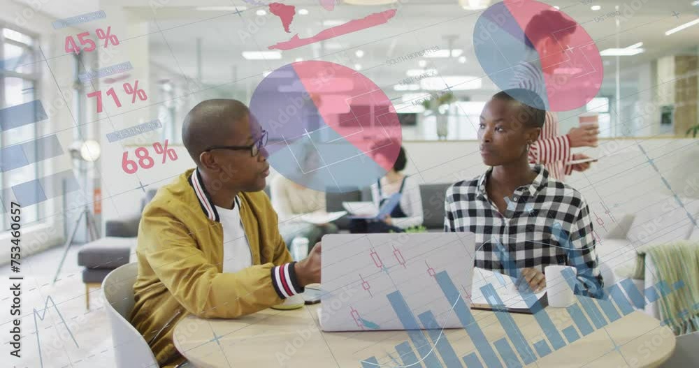 Poster Animation of data processing and diagrams over diverse colleagues discussing work and using laptop