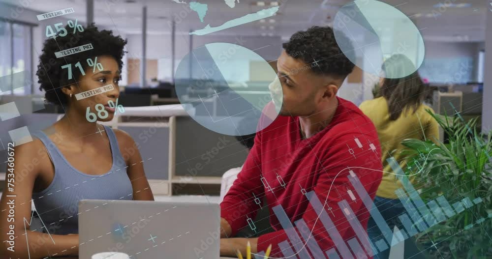 Poster animation of data processing and diagrams over biracial colleagues discussing work