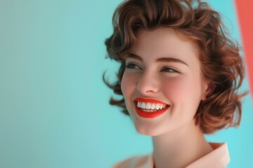 Naklejka premium 1950s woman with white teeth smiling in nice clothes on light blue background. generative AI