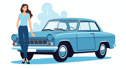 Happy man stands near a blue car  Vector illustration