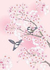 따뜻한 봄 날에 벚꽃이 활짝 핀 벚나무 가지에 앉아 있는 새들. 벡터 일러스트레이션	 - obrazy, fototapety, plakaty